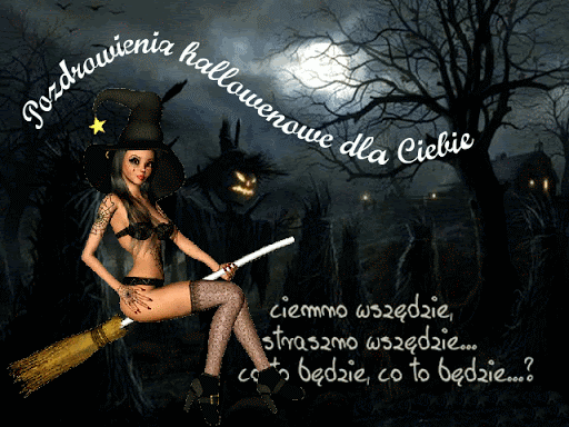 Czarownica na miotle z pozdrowieniami na Halloween